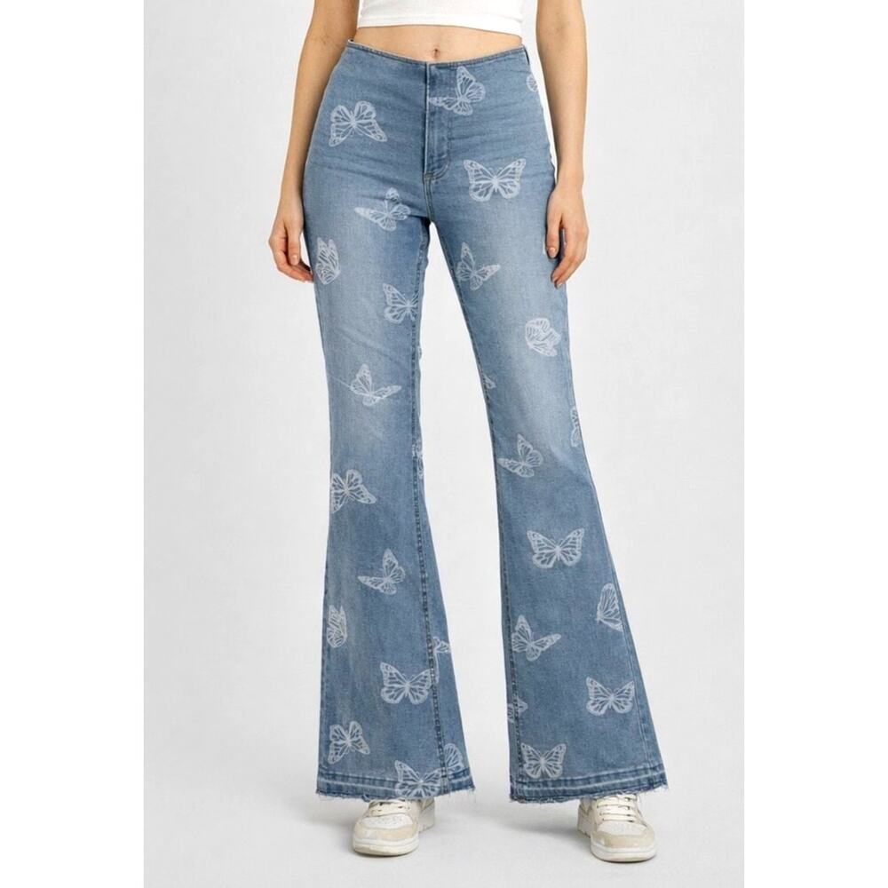 Y2K NOBO Butterfly Print Wide Leg Flare Jean Small Blue Festival Concert 90s